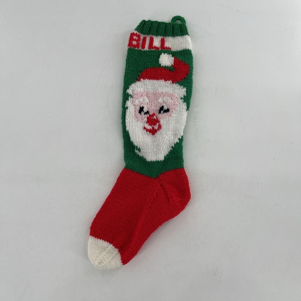 Vintage Hand Knit Christmas Stocking Santa Claus St. Nick Green White 21" READ